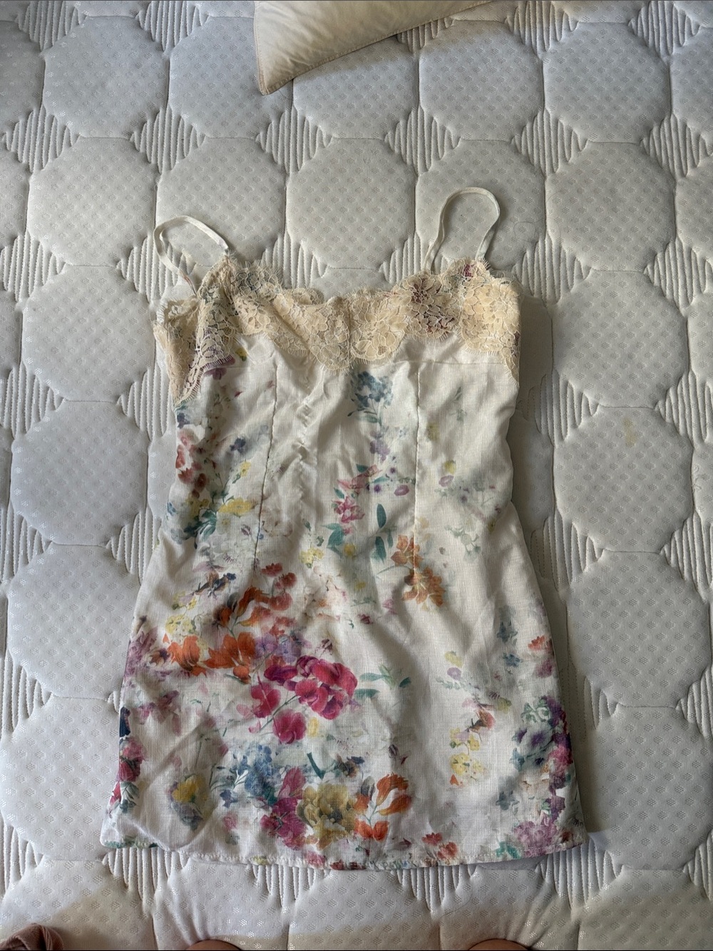 Cream Floral Lace-Trim Mini Slip Dress